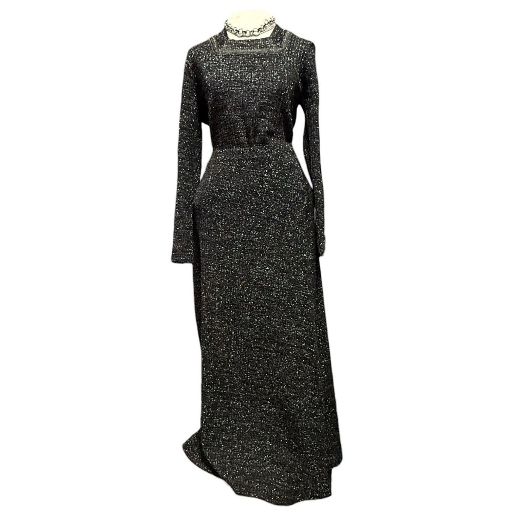 Vintage 1970s Starry Night‎ Black & Silver Metallic Maxi Skirt Lurex Set Goth L